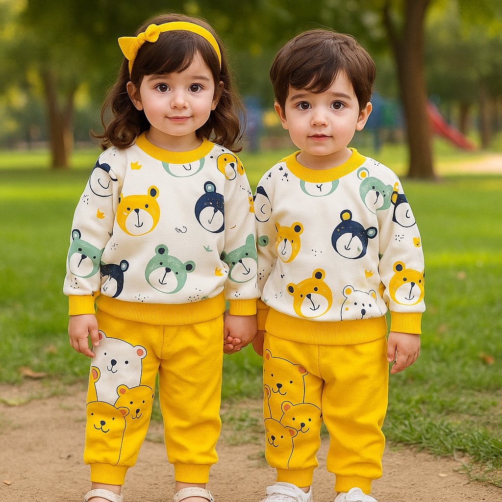 white Cute Bear Printed Sweatshirt with Yellow trouser Winter Fleece Kids Track Suit