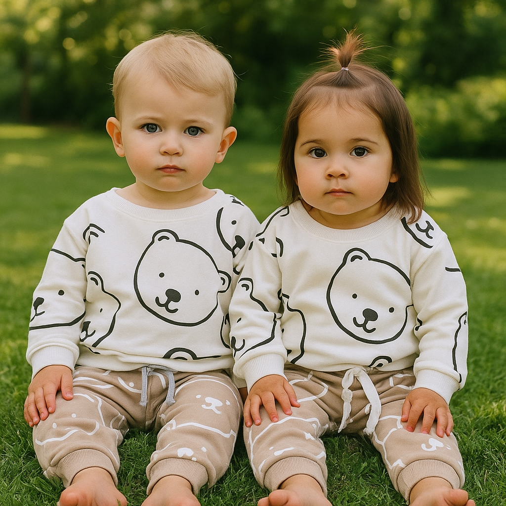 white Cute Bear Printed Sweatshirt with brown Bear trousers Winter Fleece Kids Track Suit