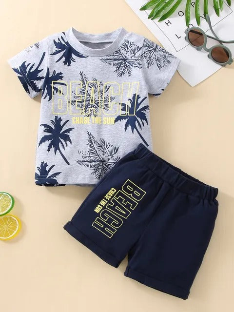 Boys "Beach Chase The Sun" Casual Outfit Round Neck T-shirt & Shorts Kids Summer Clothes Set