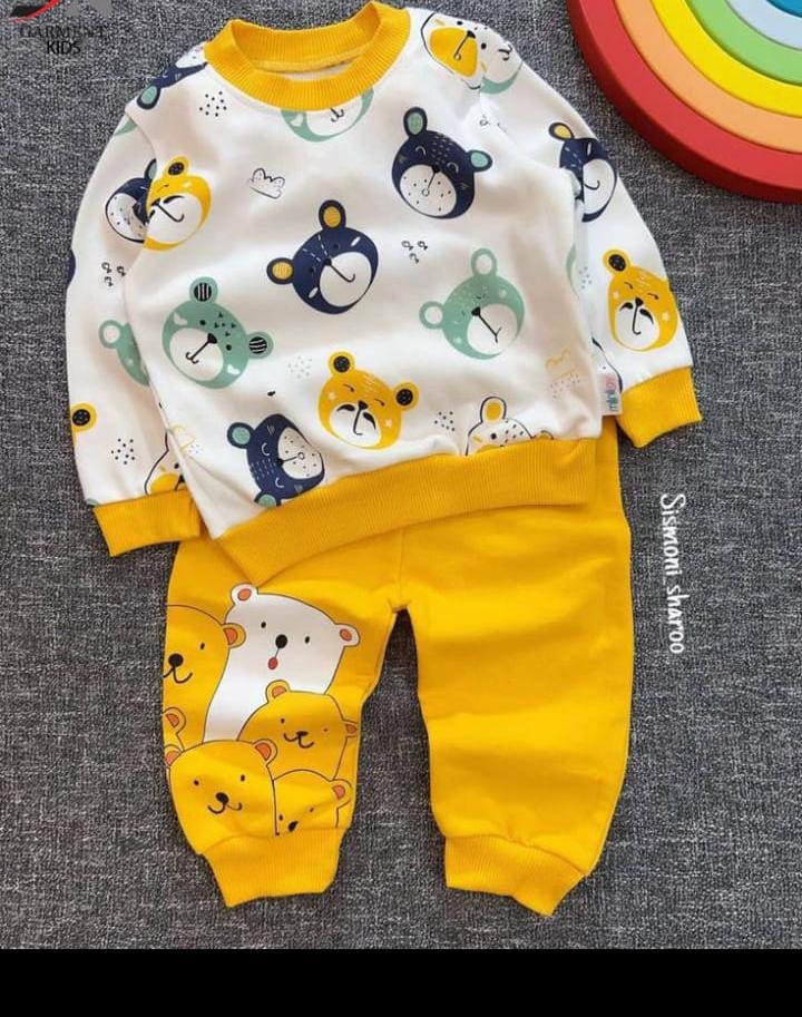 white Cute Bear Printed Sweatshirt with Yellow trouser Winter Fleece Kids Track Suit
