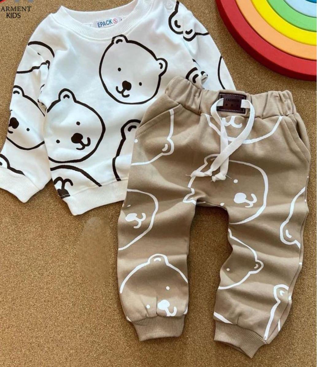 white Cute Bear Printed Sweatshirt with brown Bear trousers Winter Fleece Kids Track Suit